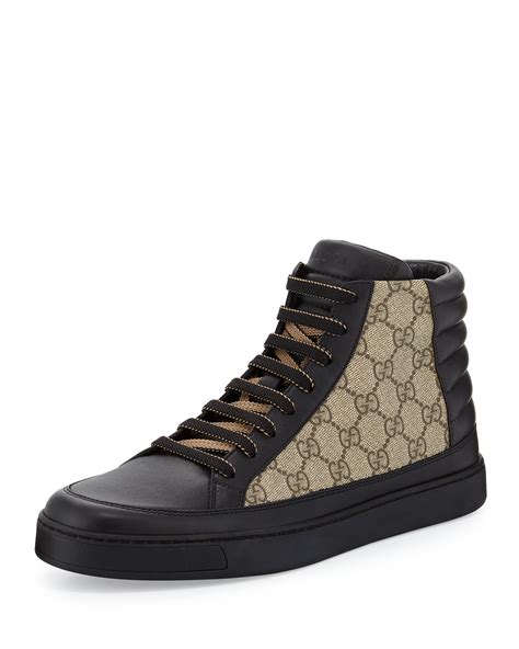 gucci common leather high top sneaker black beige|Gucci rhyton strawberry sneakers.